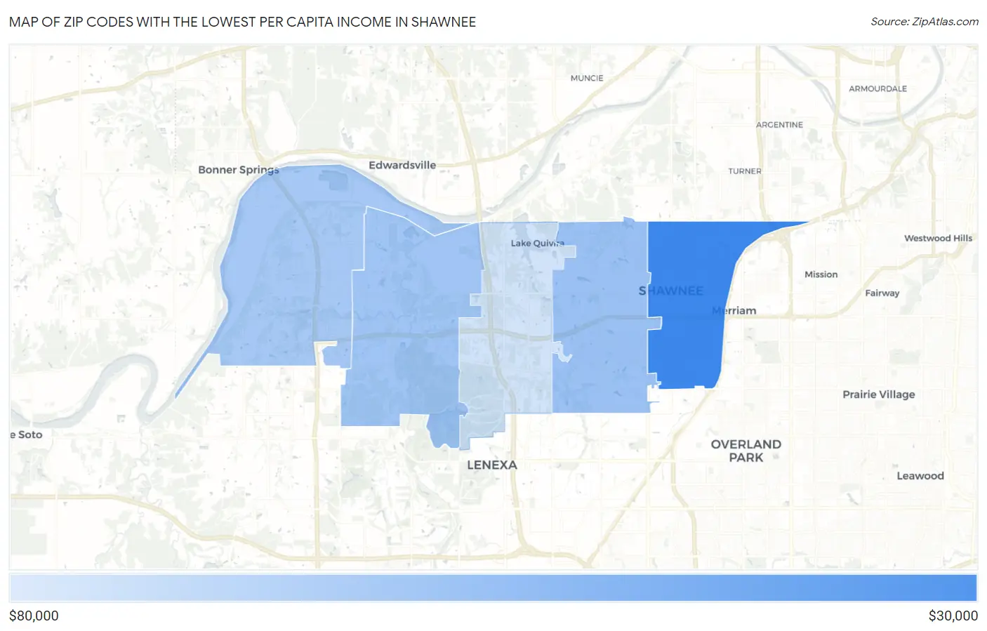 Zip Codes with the Lowest Per Capita Income in Shawnee Map