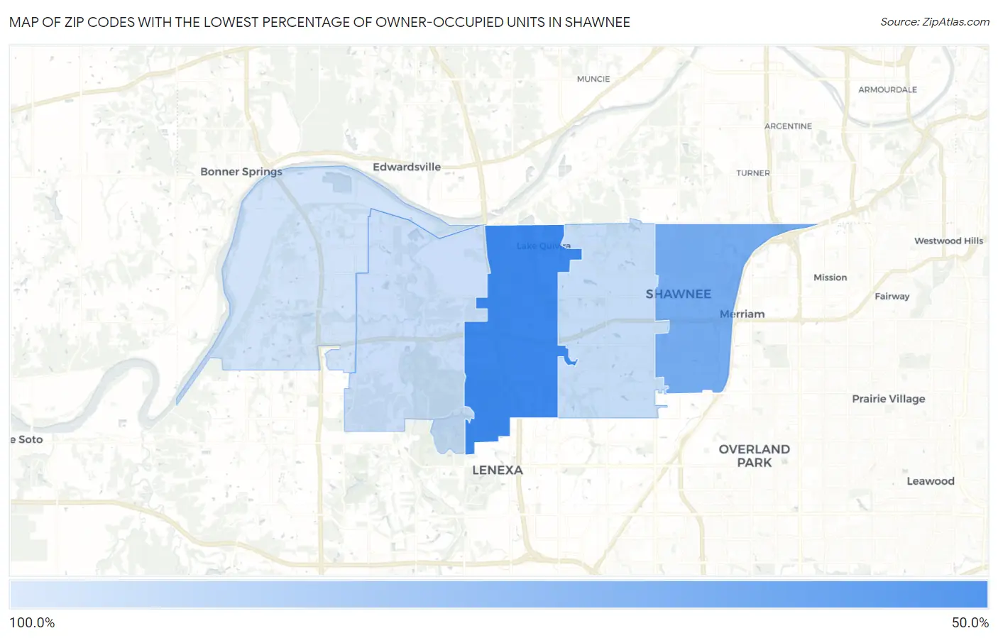 Zip Codes with the Lowest Percentage of Owner-Occupied Units in Shawnee Map