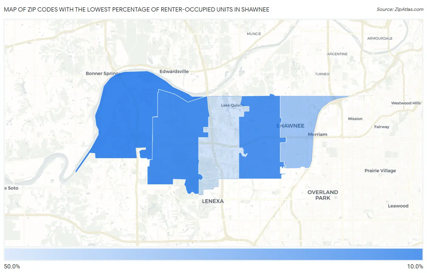 Zip Codes with the Lowest Percentage of Renter-Occupied Units in Shawnee Map