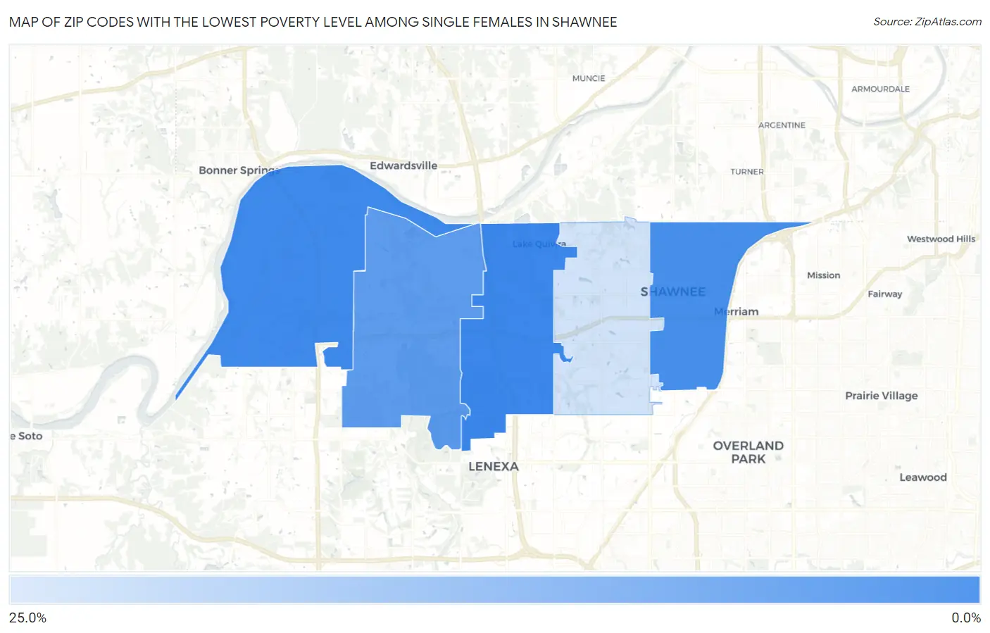 Zip Codes with the Lowest Poverty Level Among Single Females in Shawnee Map