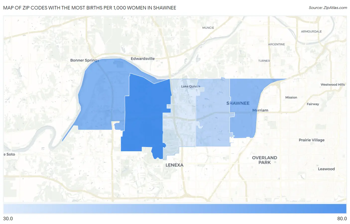 Zip Codes with the Most Births per 1,000 Women in Shawnee Map