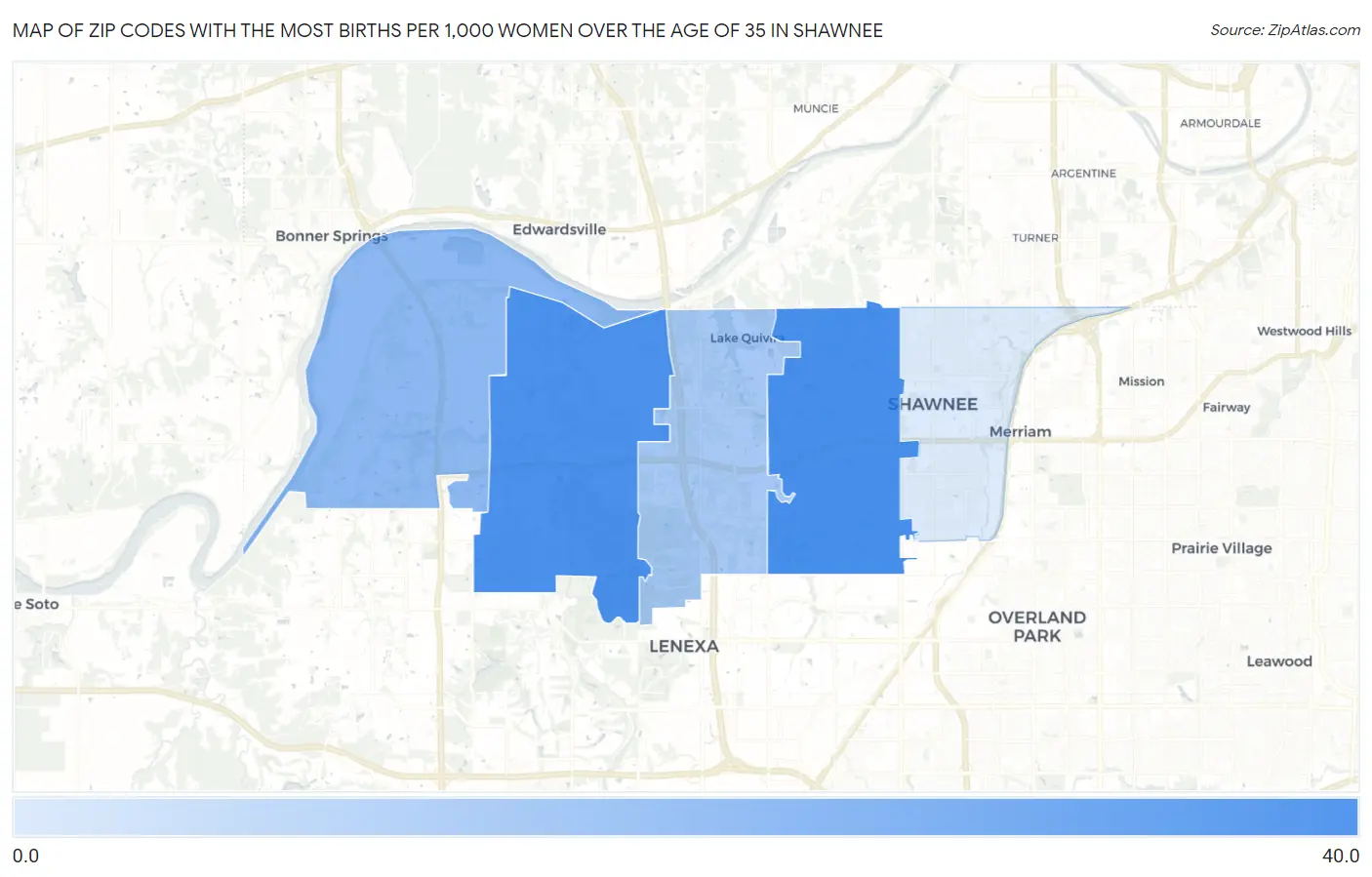 Zip Codes with the Most Births per 1,000 Women Over the Age of 35 in Shawnee Map
