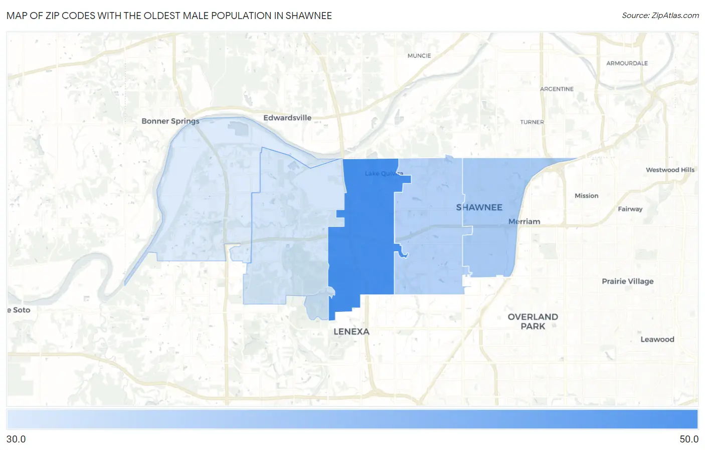 Zip Codes with the Oldest Male Population in Shawnee Map