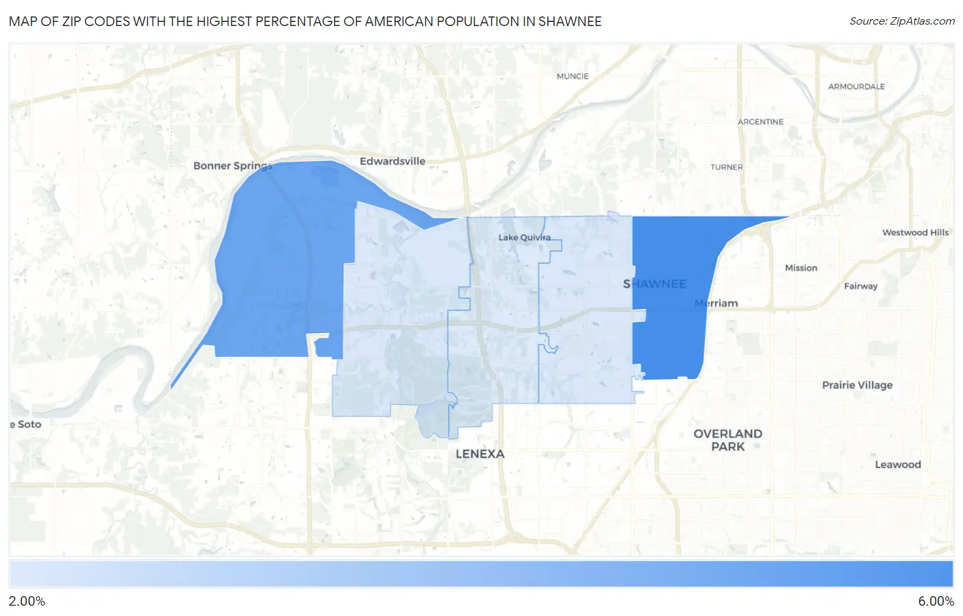 Zip Codes with the Highest Percentage of American Population in Shawnee Map