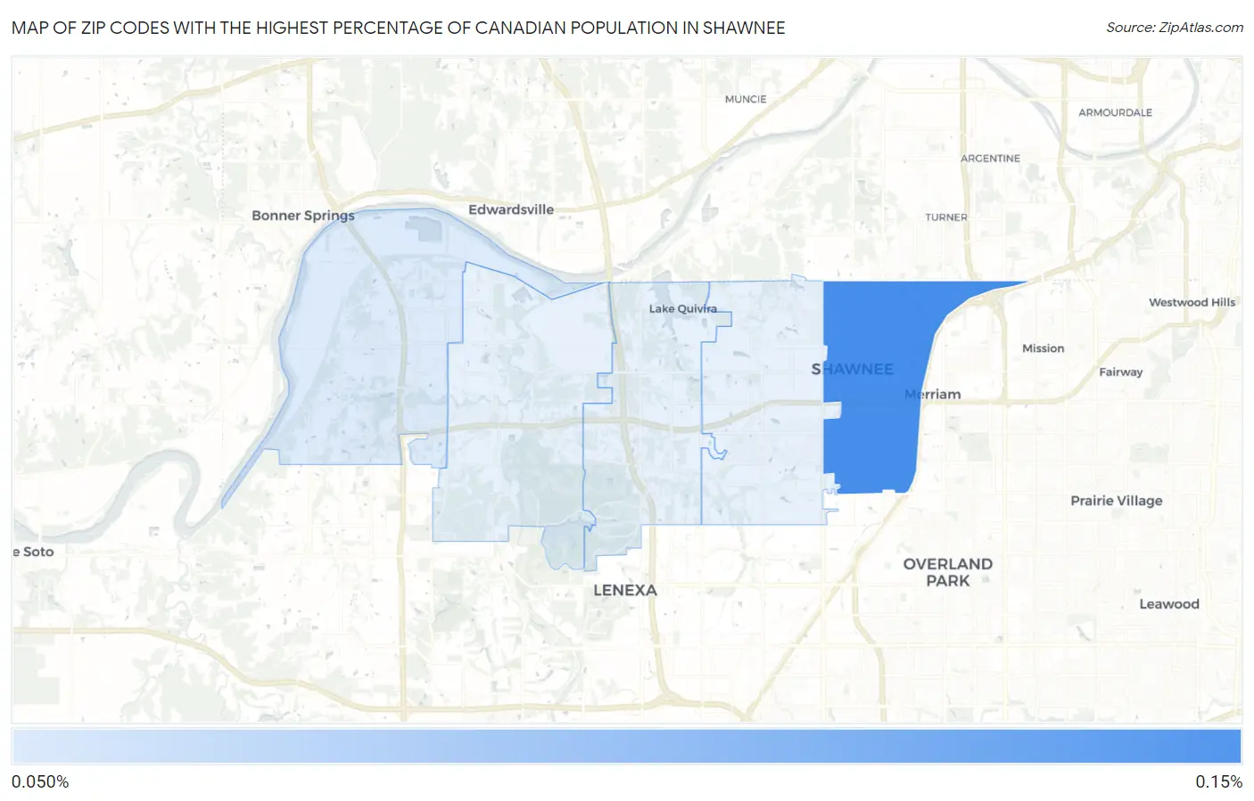 Zip Codes with the Highest Percentage of Canadian Population in Shawnee Map