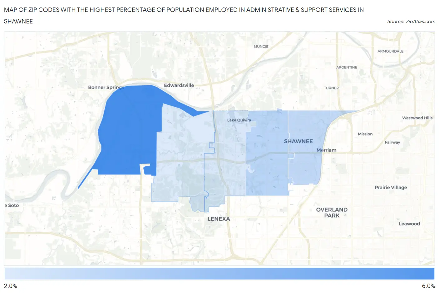 Zip Codes with the Highest Percentage of Population Employed in Administrative & Support Services in Shawnee Map