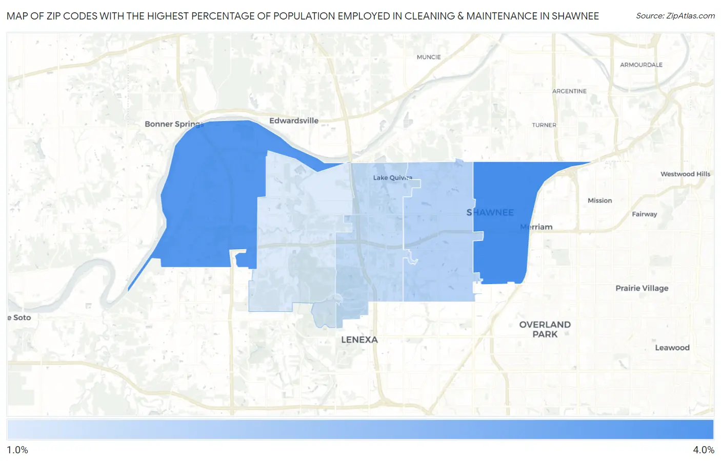 Zip Codes with the Highest Percentage of Population Employed in Cleaning & Maintenance in Shawnee Map