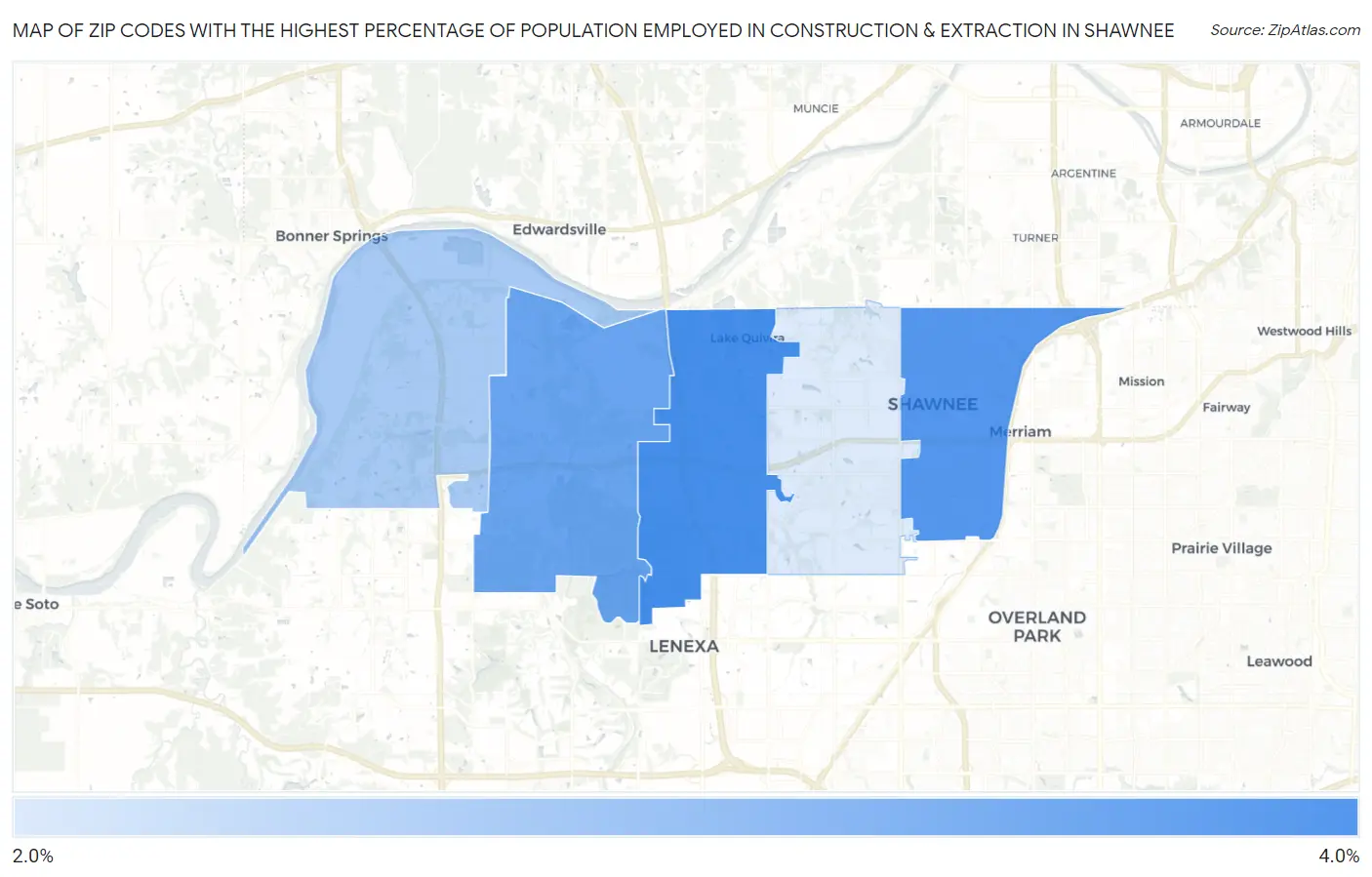 Zip Codes with the Highest Percentage of Population Employed in Construction & Extraction in Shawnee Map