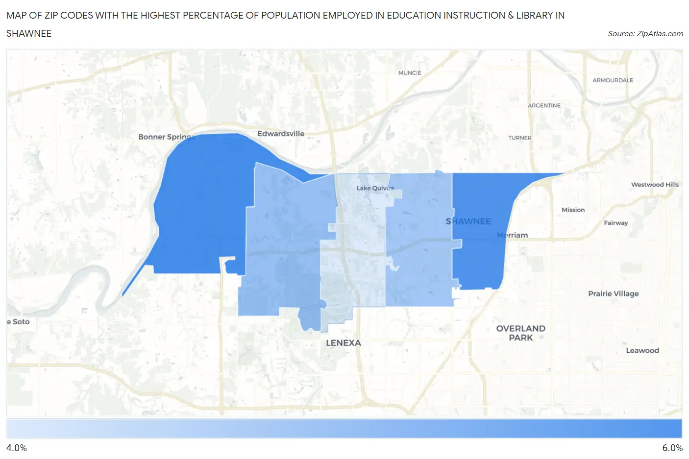 Zip Codes with the Highest Percentage of Population Employed in Education Instruction & Library in Shawnee Map