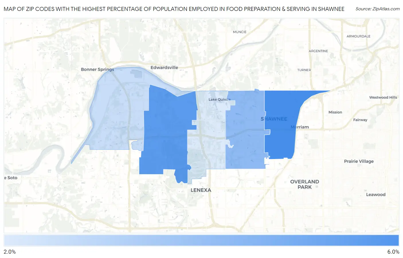 Zip Codes with the Highest Percentage of Population Employed in Food Preparation & Serving in Shawnee Map