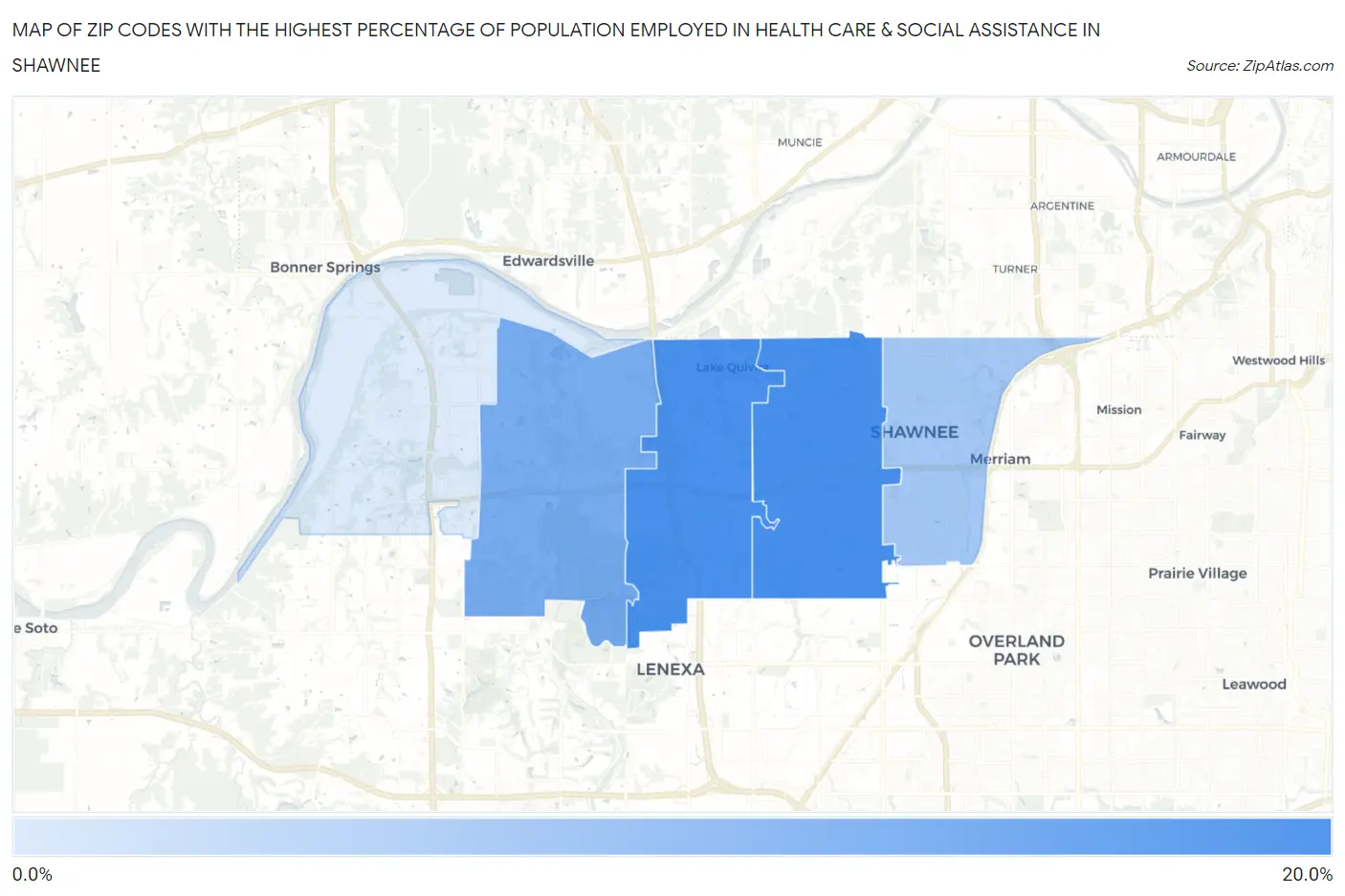 Zip Codes with the Highest Percentage of Population Employed in Health Care & Social Assistance in Shawnee Map