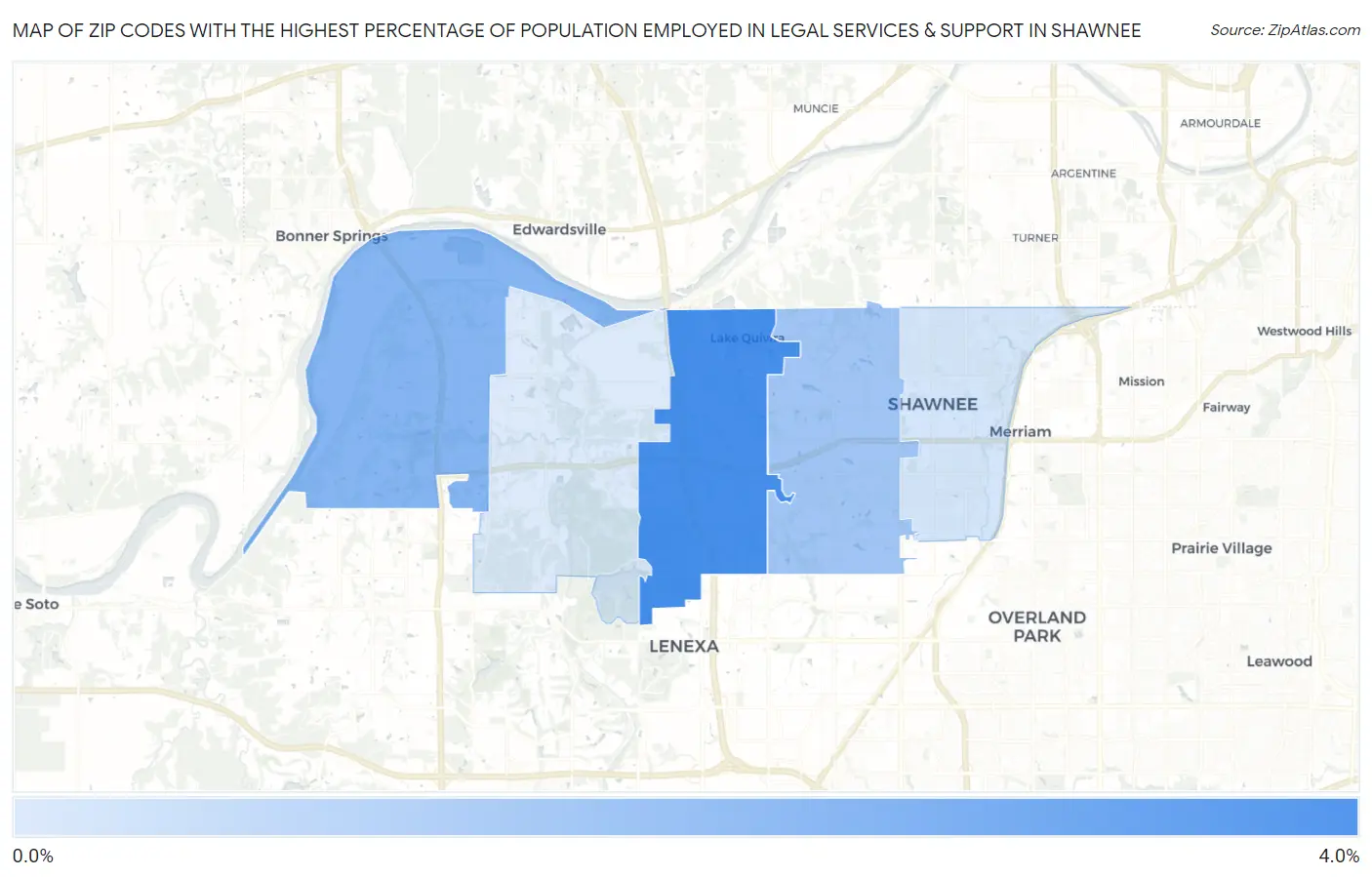 Zip Codes with the Highest Percentage of Population Employed in Legal Services & Support in Shawnee Map