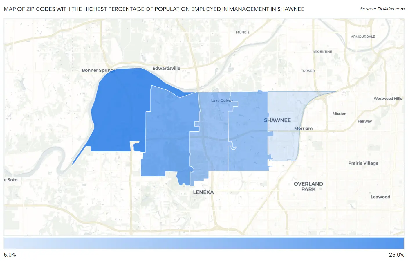Zip Codes with the Highest Percentage of Population Employed in Management in Shawnee Map