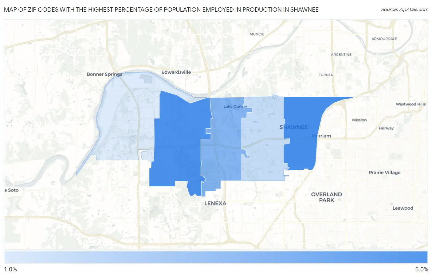 Zip Codes with the Highest Percentage of Population Employed in Production in Shawnee Map