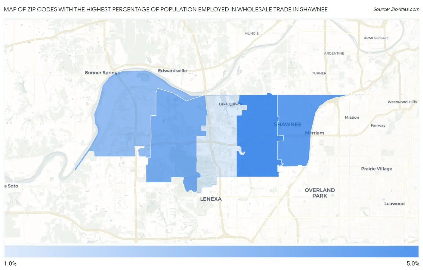 Zip Codes with the Highest Percentage of Population Employed in Wholesale Trade in Shawnee Map