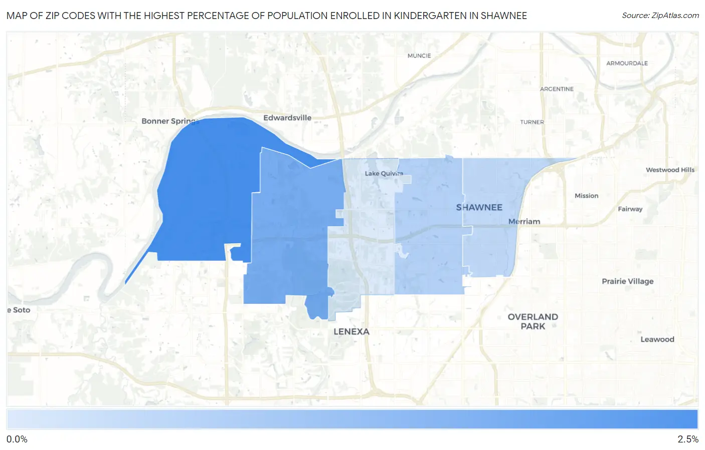 Zip Codes with the Highest Percentage of Population Enrolled in Kindergarten in Shawnee Map