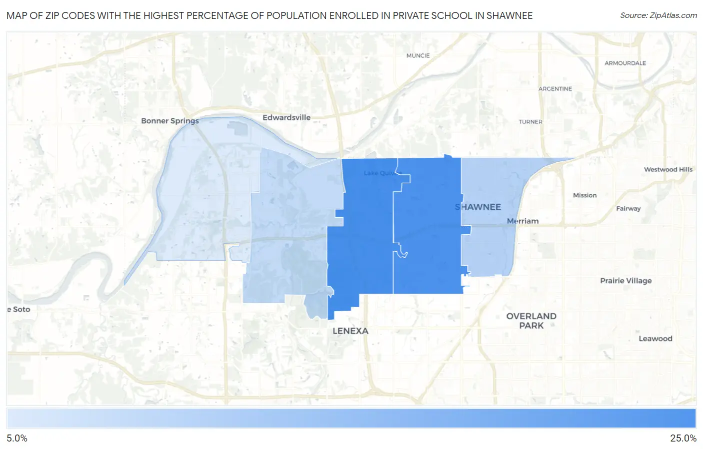 Zip Codes with the Highest Percentage of Population Enrolled in Private School in Shawnee Map