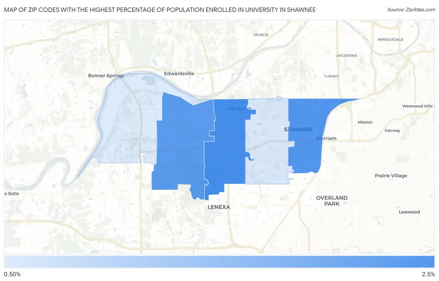 Zip Codes with the Highest Percentage of Population Enrolled in University in Shawnee Map