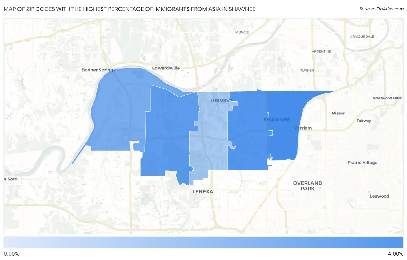 Zip Codes with the Highest Percentage of Immigrants from Asia in Shawnee Map