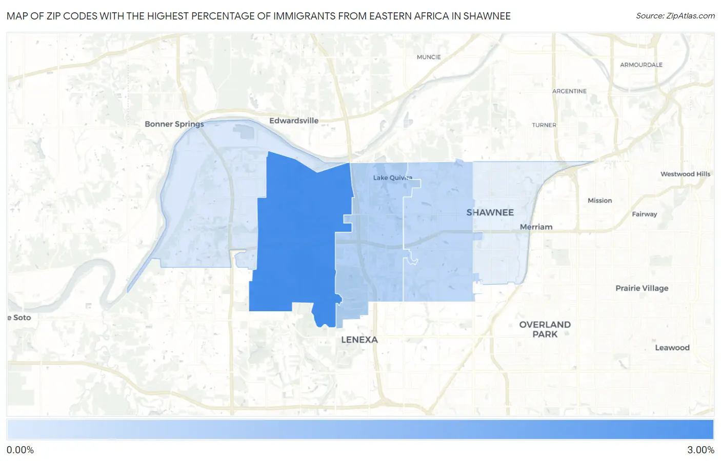 Zip Codes with the Highest Percentage of Immigrants from Eastern Africa in Shawnee Map
