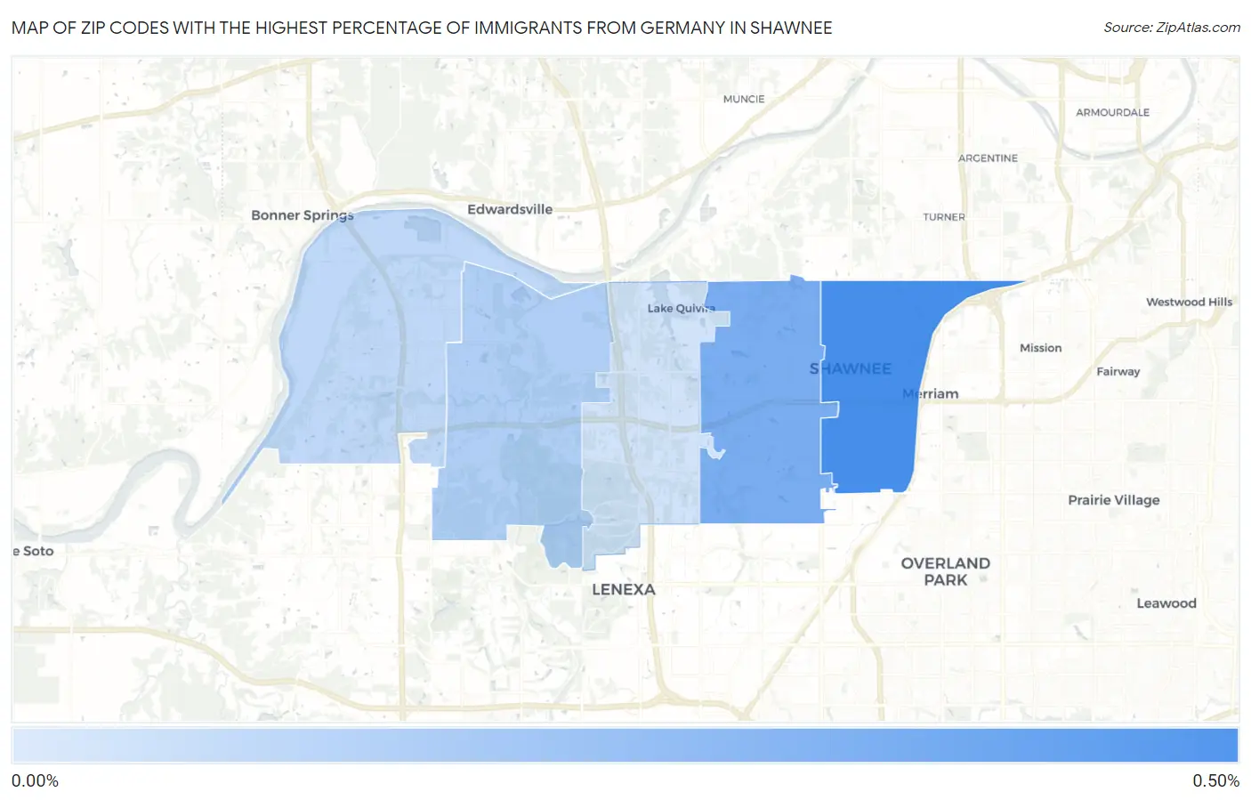 Zip Codes with the Highest Percentage of Immigrants from Germany in Shawnee Map