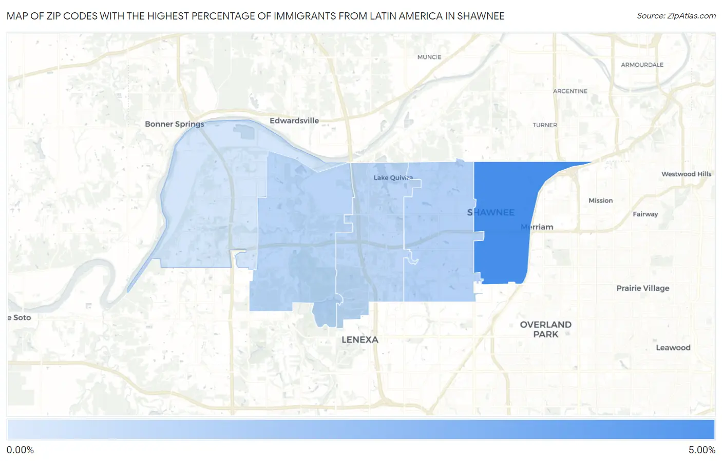Zip Codes with the Highest Percentage of Immigrants from Latin America in Shawnee Map