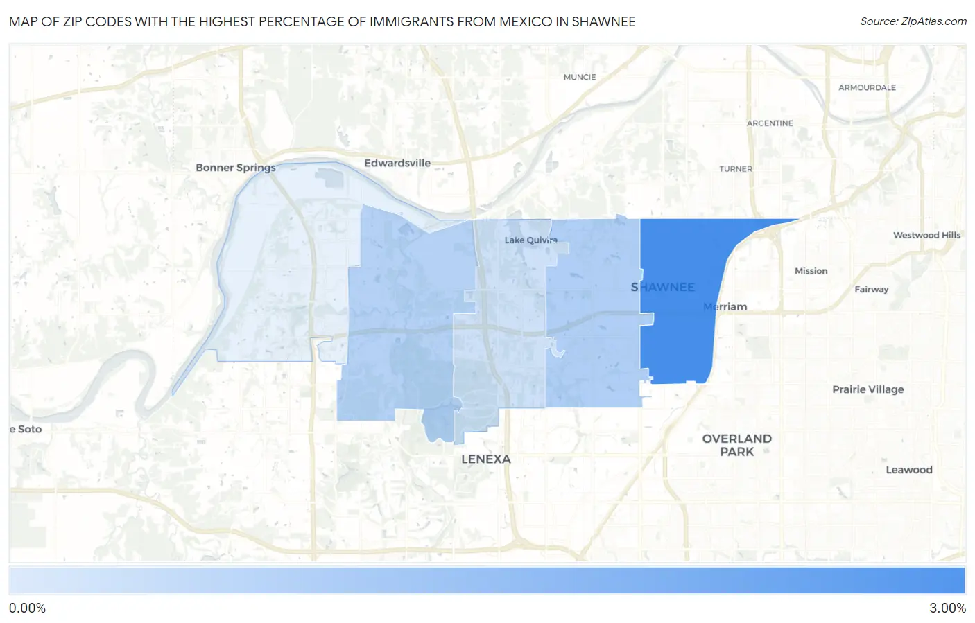Zip Codes with the Highest Percentage of Immigrants from Mexico in Shawnee Map