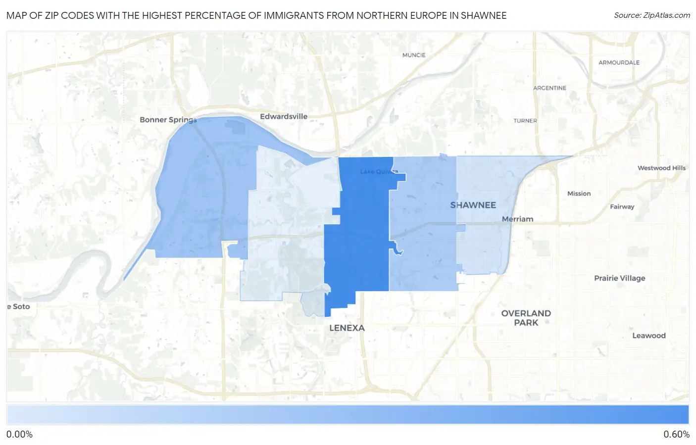 Zip Codes with the Highest Percentage of Immigrants from Northern Europe in Shawnee Map