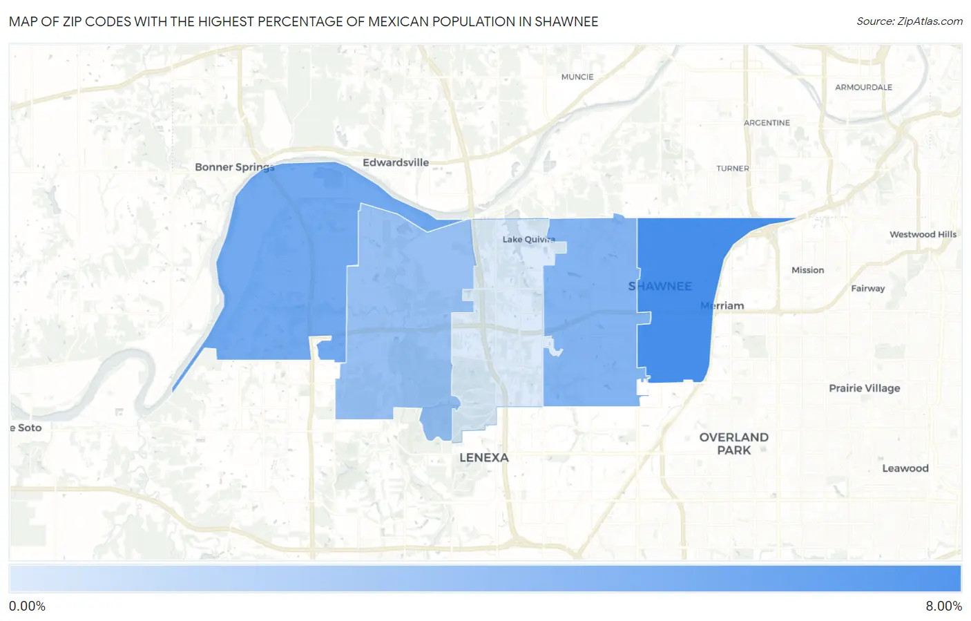 Zip Codes with the Highest Percentage of Mexican Population in Shawnee Map