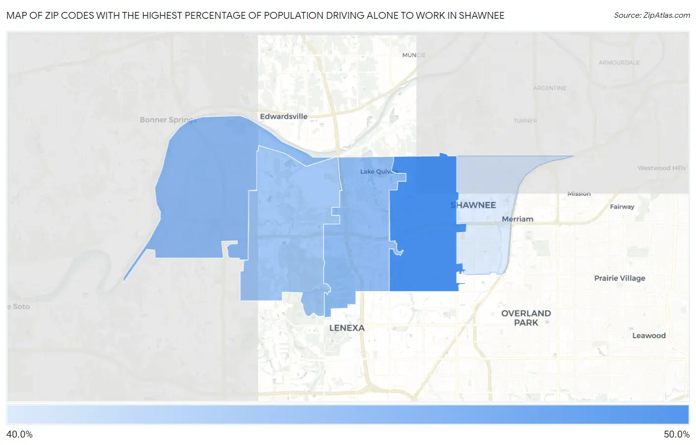 Zip Codes with the Highest Percentage of Population Driving Alone to Work in Shawnee Map