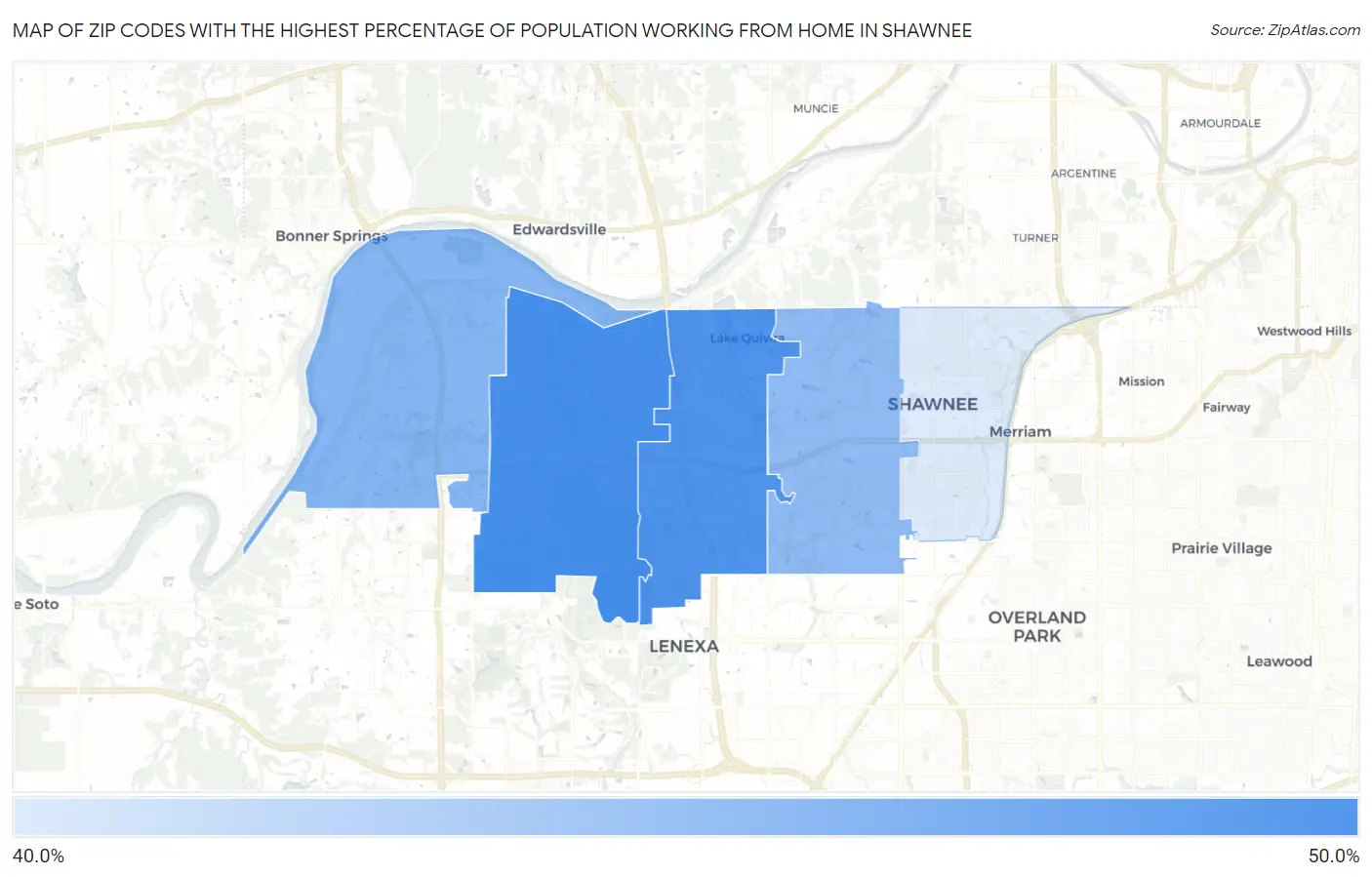 Zip Codes with the Highest Percentage of Population Working from Home in Shawnee Map