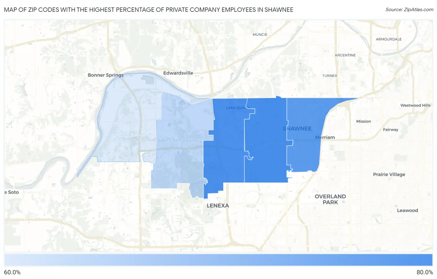Zip Codes with the Highest Percentage of Private Company Employees in Shawnee Map