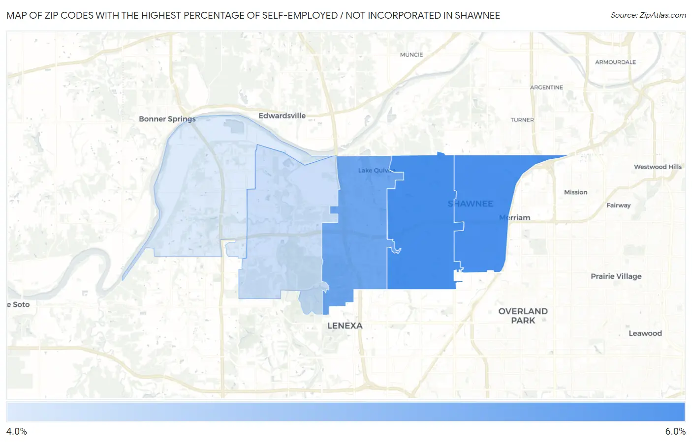 Zip Codes with the Highest Percentage of Self-Employed / Not Incorporated in Shawnee Map