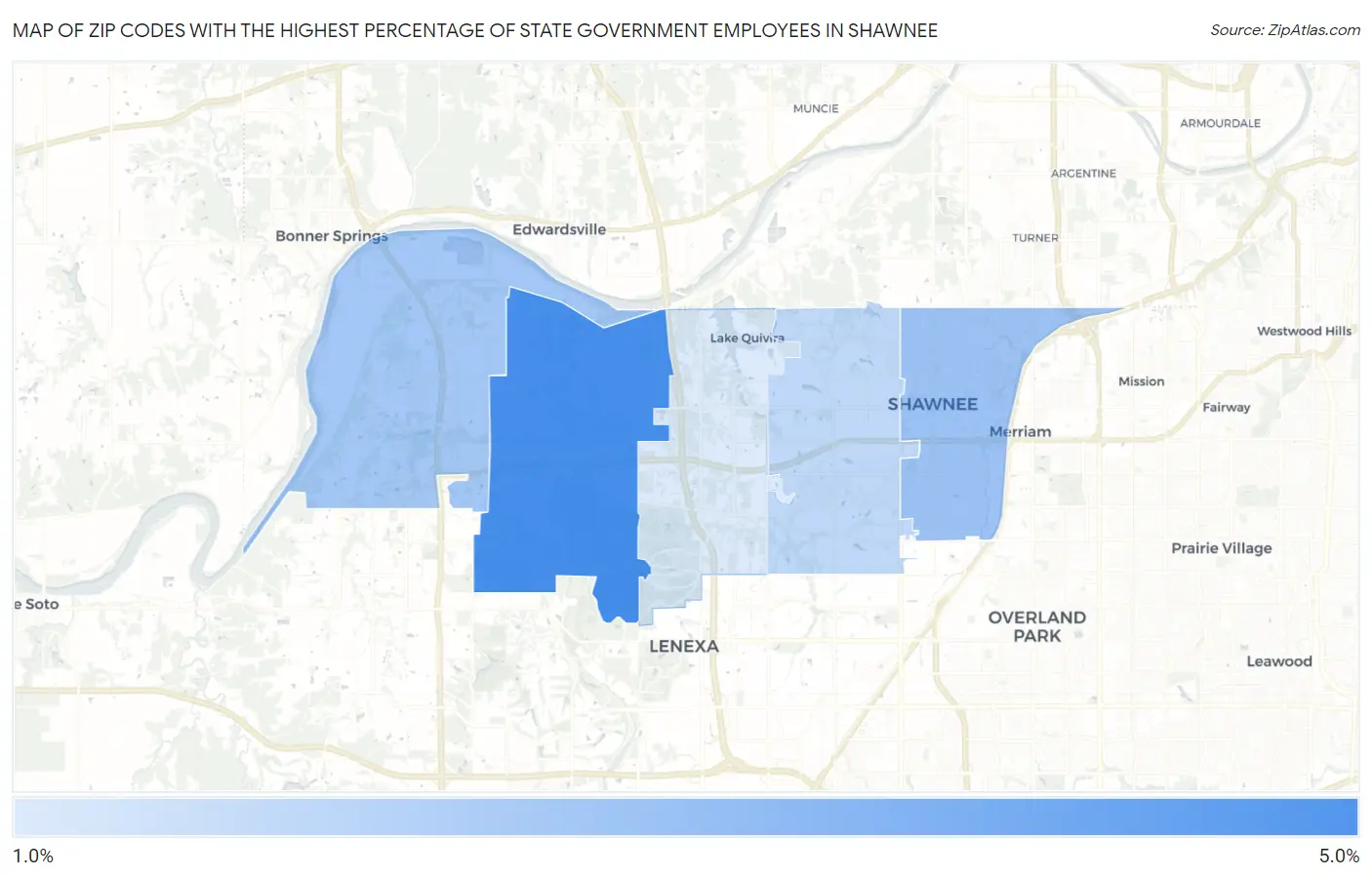 Zip Codes with the Highest Percentage of State Government Employees in Shawnee Map