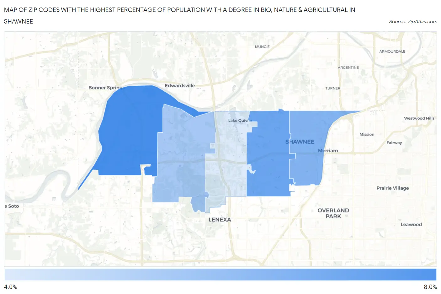 Zip Codes with the Highest Percentage of Population with a Degree in Bio, Nature & Agricultural in Shawnee Map