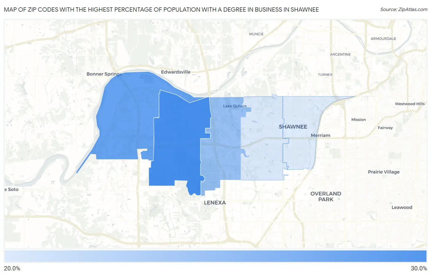 Zip Codes with the Highest Percentage of Population with a Degree in Business in Shawnee Map