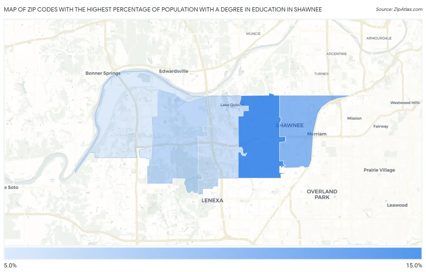 Zip Codes with the Highest Percentage of Population with a Degree in Education in Shawnee Map