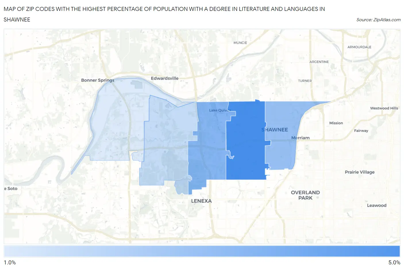 Zip Codes with the Highest Percentage of Population with a Degree in Literature and Languages in Shawnee Map