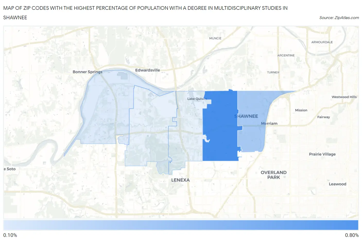 Zip Codes with the Highest Percentage of Population with a Degree in Multidisciplinary Studies in Shawnee Map