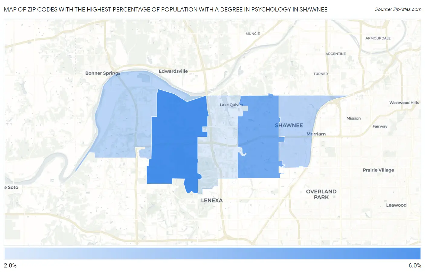 Zip Codes with the Highest Percentage of Population with a Degree in Psychology in Shawnee Map
