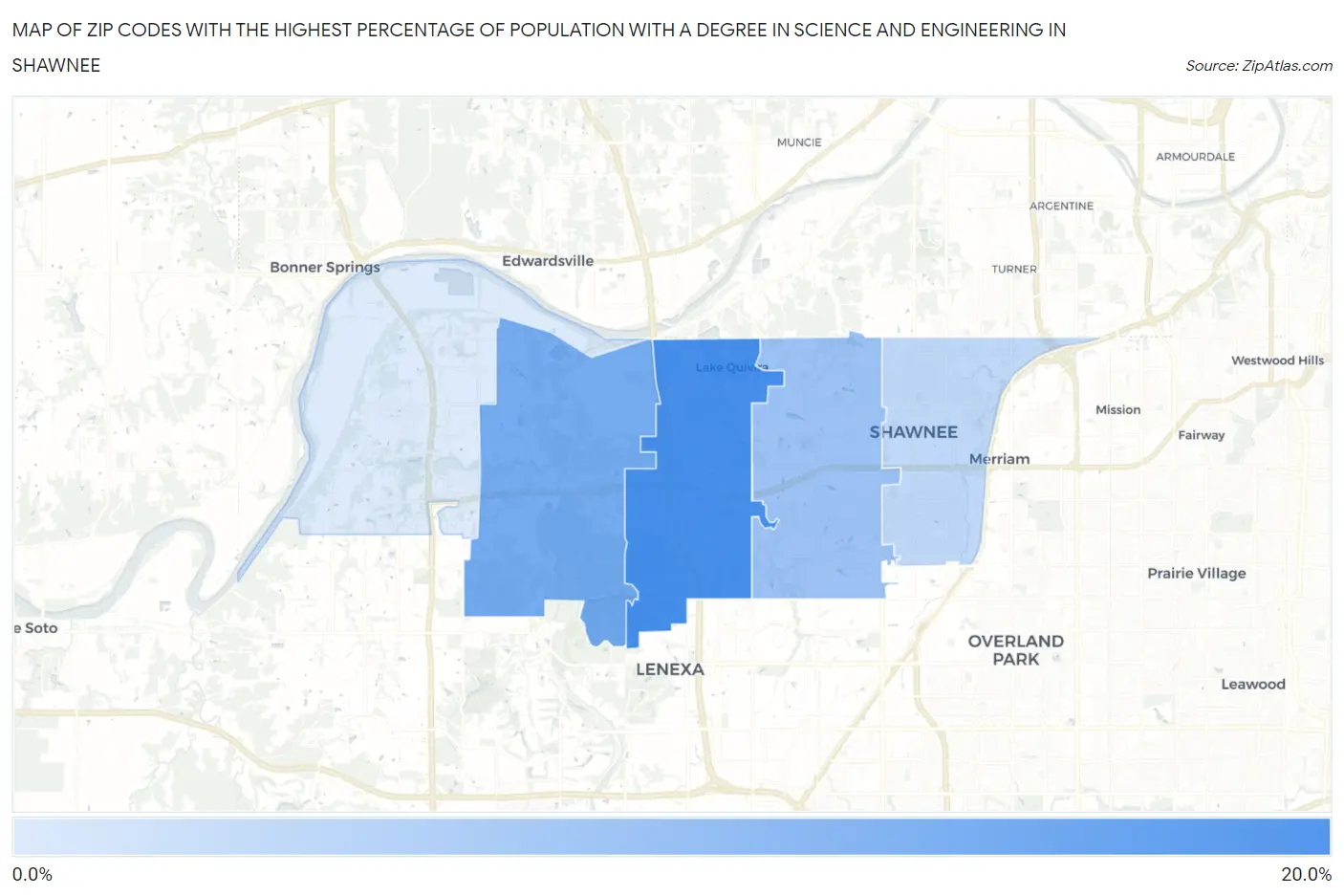 Zip Codes with the Highest Percentage of Population with a Degree in Science and Engineering in Shawnee Map