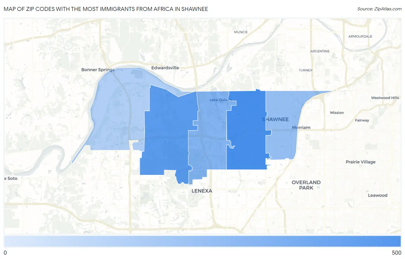 Zip Codes with the Most Immigrants from Africa in Shawnee Map