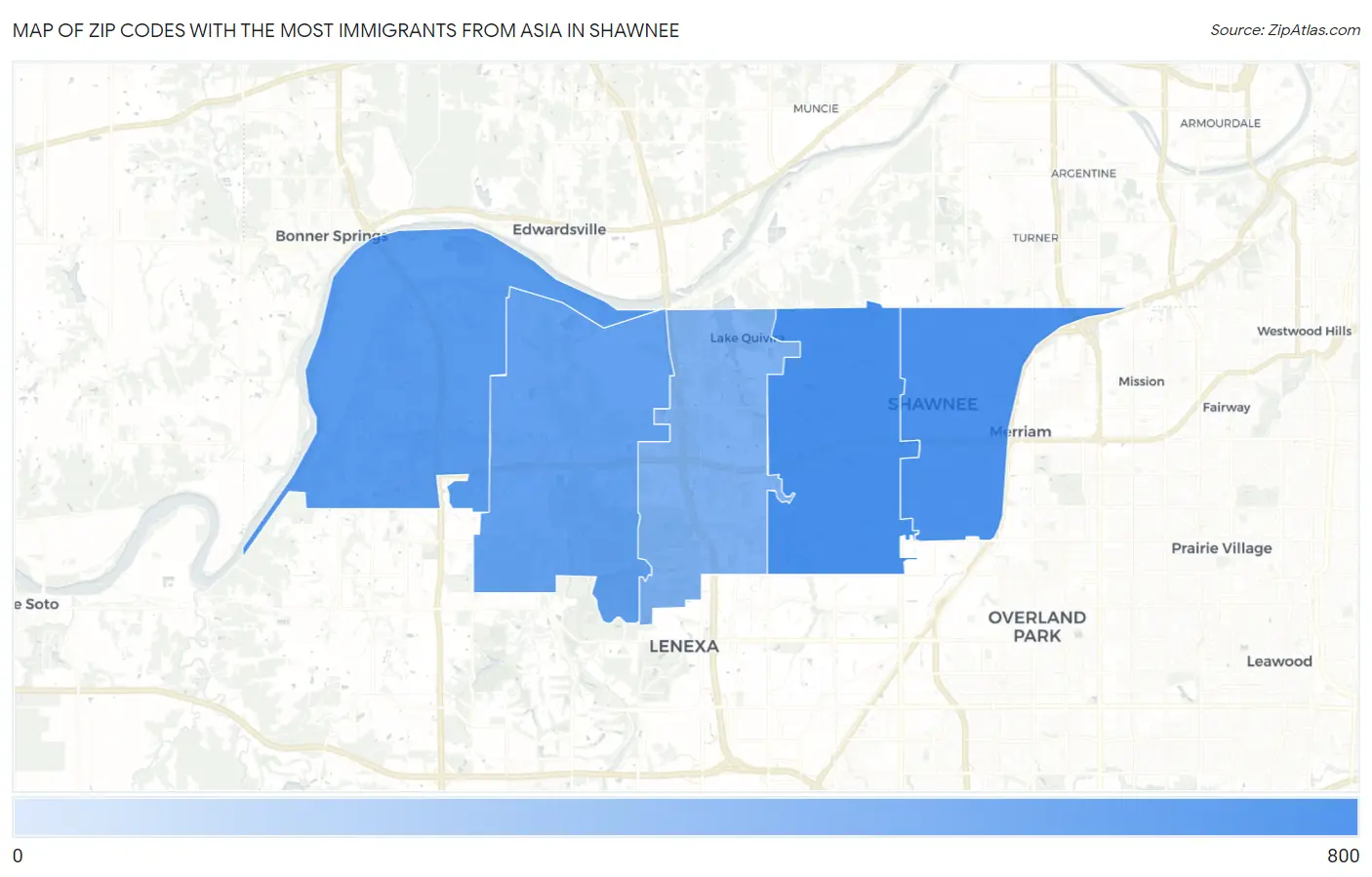 Zip Codes with the Most Immigrants from Asia in Shawnee Map