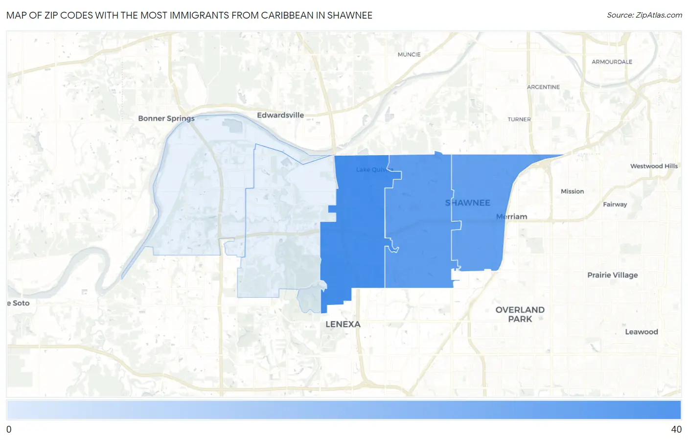 Zip Codes with the Most Immigrants from Caribbean in Shawnee Map