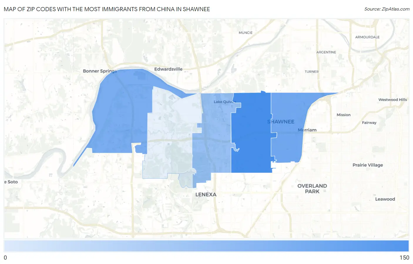Zip Codes with the Most Immigrants from China in Shawnee Map