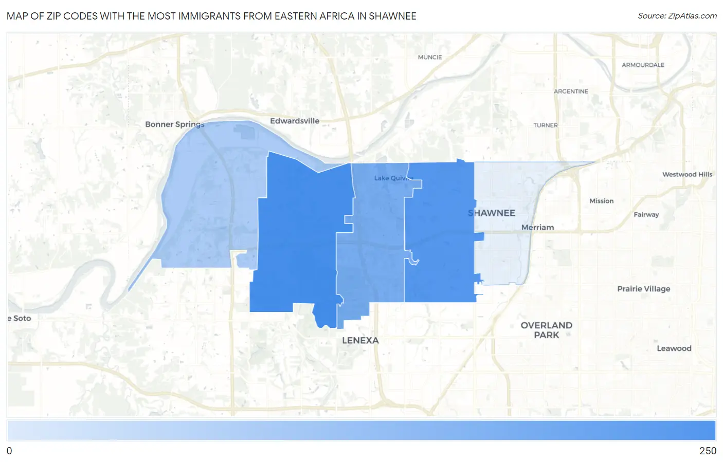 Zip Codes with the Most Immigrants from Eastern Africa in Shawnee Map
