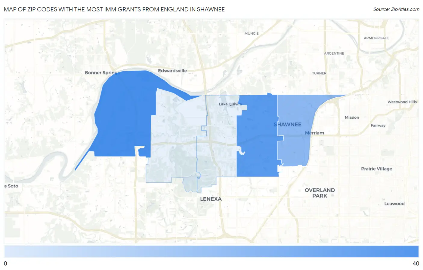 Zip Codes with the Most Immigrants from England in Shawnee Map