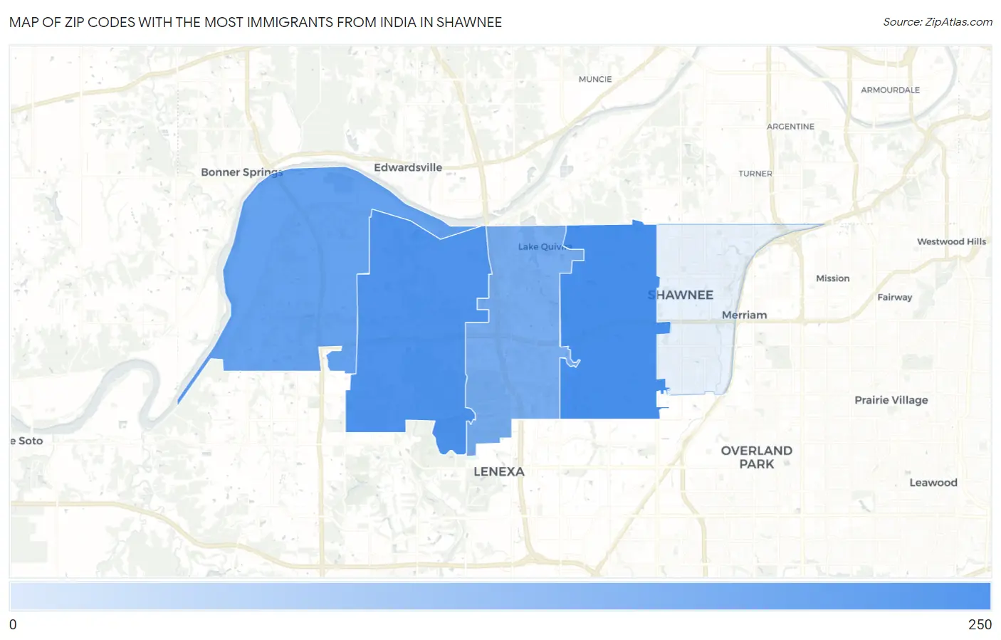 Zip Codes with the Most Immigrants from India in Shawnee Map