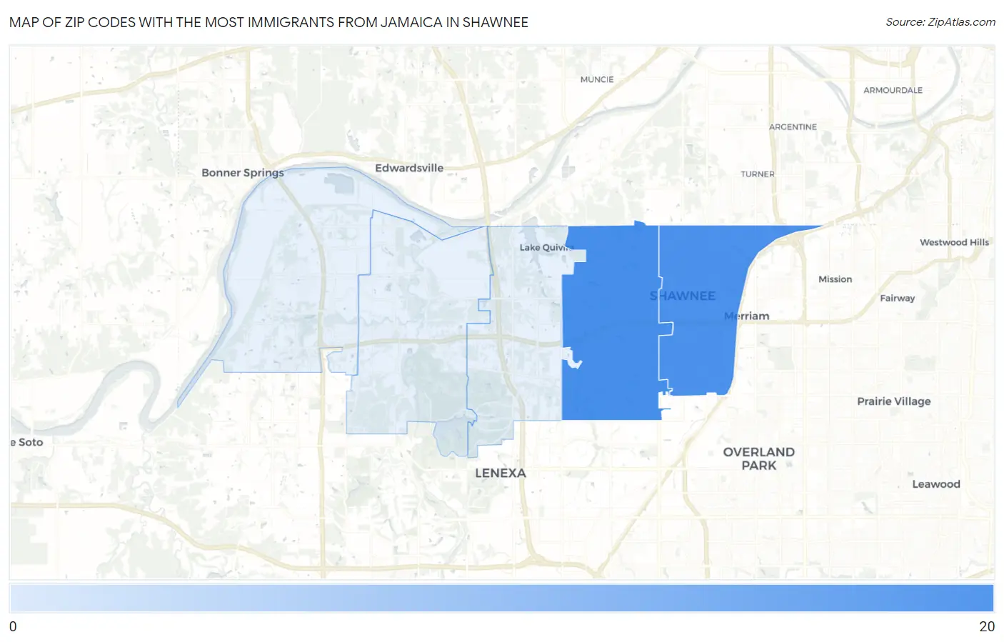Zip Codes with the Most Immigrants from Jamaica in Shawnee Map