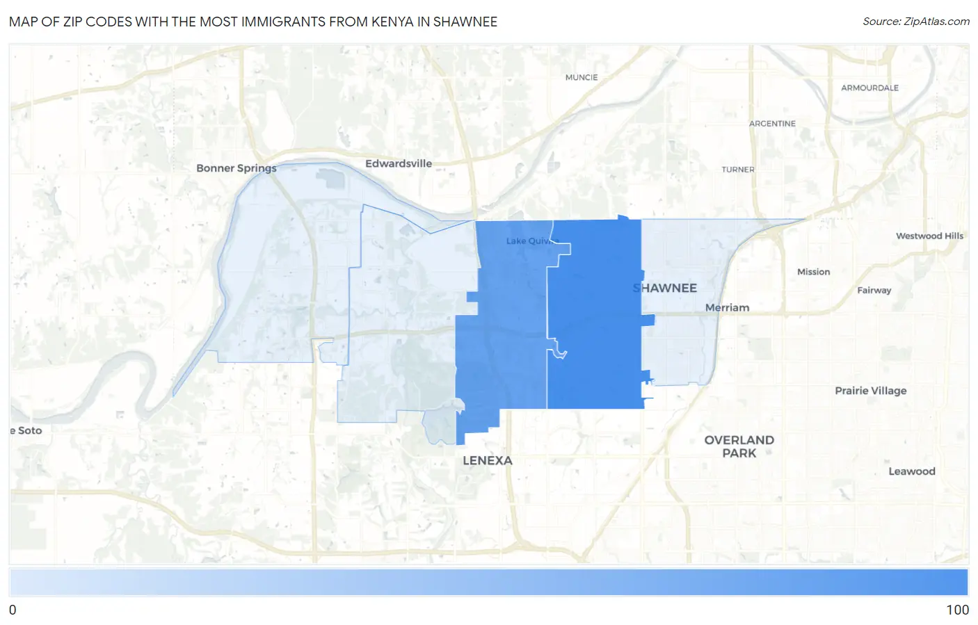 Zip Codes with the Most Immigrants from Kenya in Shawnee Map